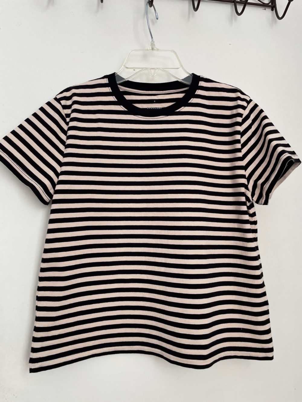 Everlane Black and Light Pink Striped Crew Tee